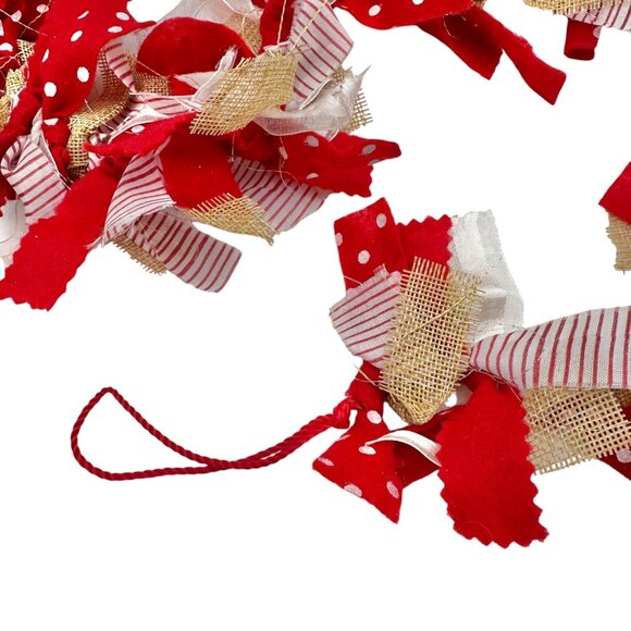 Handcrafted 68" Garland Red White and Brown Burlap and Fabric Hanging Rope Ends - Picture 2 of 5